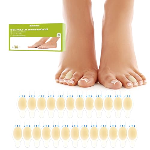 Apósitos hidrocoloides para ampollas Bukihome(25Count)-Apósitos impermeables para ampollas en pies, dedos de los pies y manos-Prevención de ampollas con gel para viajes, senderismo, toe pack