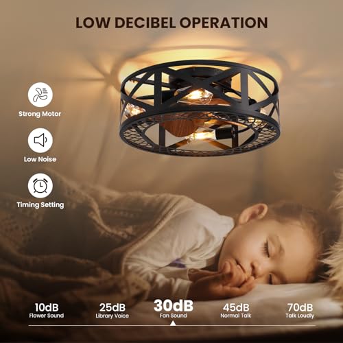 MOOONICHE 20" Caged Ceiling Fans with Lights, Modern Dimmable Flush Mount Ceiling Fan with Lights Remote, Black Low Profile Ceiling Fan for Bedroom, Kitchen,6 Speed Reversible by MOOONICHE - Used condition - Image 5