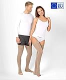 LINDERUNG BEI BEIN-, KNÖCHEL-, KNIE- UND FUSSBESCHWERDEN: Sind Ihre Zehen und Füße nach langem Stehen oder Laufen beziehungsweise nach der Schwangerschaft auch geschwollen? Tragen Sie diese oberschenkelhohen Anti-Thrombosestrümpfe und erleben Sie, wie die Einlagerungen schnell abklingen. Die Kompressionsstrümpfe helfen gegen Durchblutungsstörungen und schmerzende Beine. Auch nach einem ganzen Tag auf den Füssen keine müden Muskeln, Schmerzen, Schwellungen oder sonstige Beschwerden mehr.