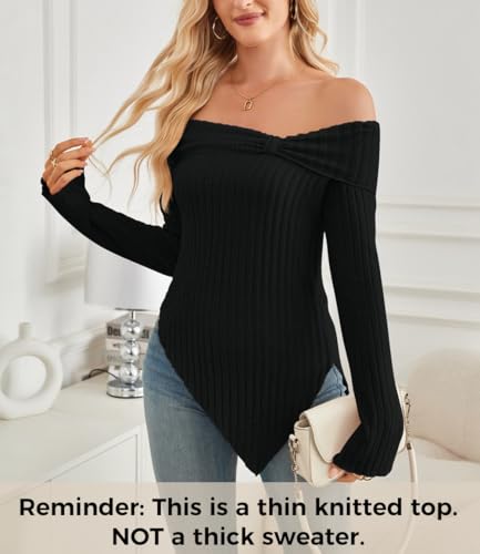 Sumleno Womens Cute Bow Off Shoulder Knitted Sweater Shirt Tops Sexy Side Slit Pullover Trendy Y2k Aesthetic Clothes2