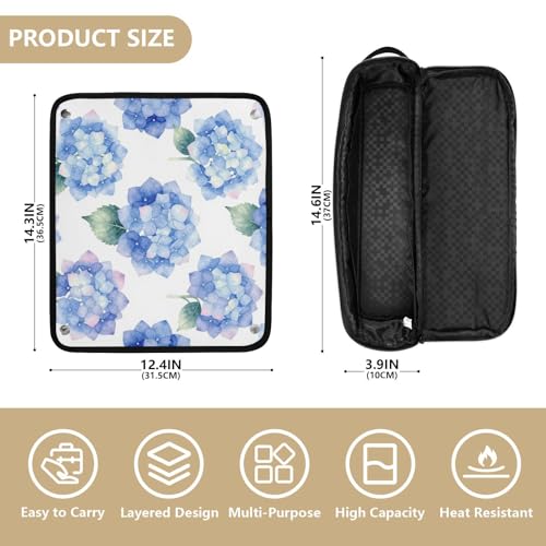 Bolsa de viaje para herramientas de cabello con tapete resistente al calor, grande para planchas y rizadores. Diseño acuarela floral azul hortensias, portátil para accesorios esenciales miniatura 4