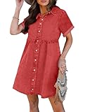 Picture of Luvamia Women's Casual Denim Babydoll Dress - Short Sleeve Button Down Jean Dress - Poppy Red - Size XX-Large (20-22)