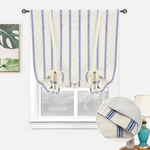 DriftAway Farmhouse Double Layer Linen Blackout Tie Up Curtains Thermal Insulated Vertical Striped Fully Lined Balloon Roman Shade Bathroom Window Adjustable Rod Pocket 31 Inch by 47 Inch Navy