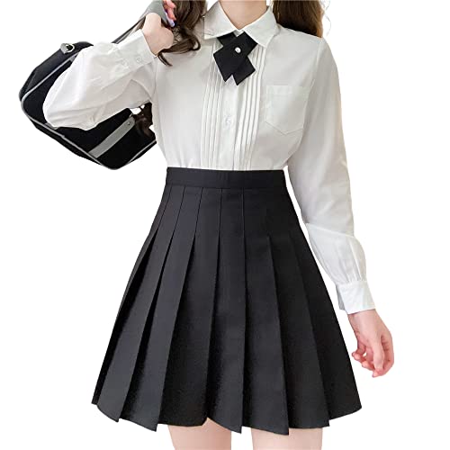 [山水集] A型スカート ミニスカート 夏服 プリーツスカート 大きいサイズ 黒 白 紺色 茶色 入学式 制服 セーラー服 コスプレ 女子高生 普段着 (S, ブラック)