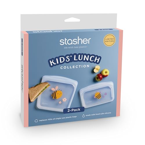 Stasher 2-Pack Kids Lunch Set, Silicone Sandwich & Snack Lunch Containers for Kids, Reusable Food Storage Bags, Microwave Dishwasher & Freezer Safe, BPA-Free, Leak-Free, Bee Print - Image 8