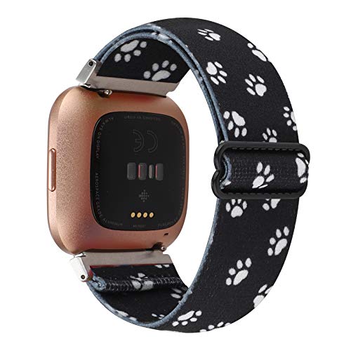Adjustable Elastic Watch Band Compatible with Fitbit Versa/Versa 2/Versa Lite for Women Girls Stretch Boho Sport Watch Strap Bracelet Wristband for Fitbit Versa Smart Watch (Black Dog Paw)