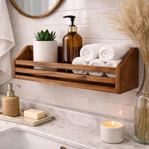 Image of Wooden Wall Shelves with Towel Holder, Wall-Mounted Bathroom Storage Rack, Wooden Shelves And Wooden Towel Stand Shelves for Bathroom Towel Stand Bathroom Shelves (Only Wooden Shelves)