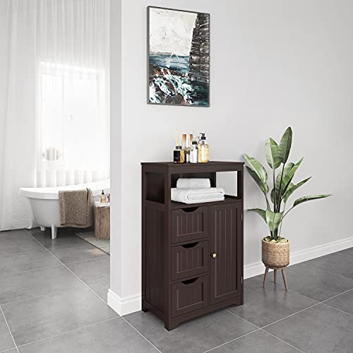Topeakmart Wood Bathroom Floor Cabinet, Free Standing Storage Cabinet With 3 Drawers And Cupboard, Hallway/Entryway Cabinet, Living Room Accent Furniture, Espresso #TOP4