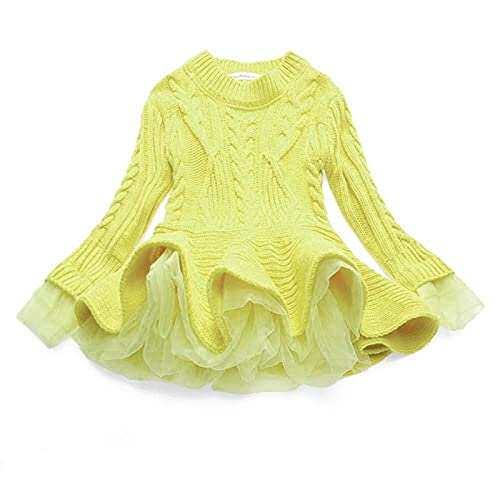 2 to 7 Years Toddler Girls Knitted Sweater Child Girls Dress Pullover Winter Baby Kids Crochet (Yellow, 5-6 Years)