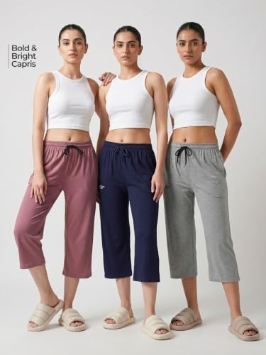 Image of Fflirtygo Women's Cotton Plain Calf Length Capri | Nightwear Pajama | 3 /4th Solid Pyjama Pant | Black Navy and Lavender Lounge Pants | Casual wear & Lounge Wear Capri Combo (Pack of 3)
