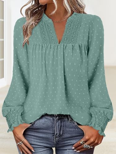 BETTE BOUTIK Women Boho Long Sleeve Shirts Dressy Casual V Neck Fall Fashion Tops Swiss Dot Flowy Blouses