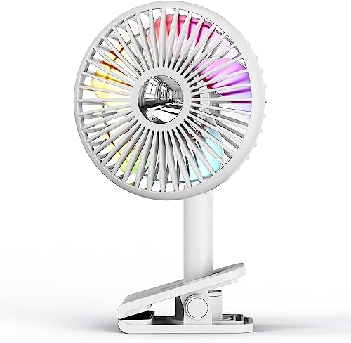 xuenair Portable Clip On Fan With Colorful Lighting,7 inch 2000 mAh Battery Rechargeable Travel Fan, Outdoor Oscillating Clip Fan For BBQs, Beaches, Picnics Etc (White)