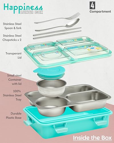 Image of Brand Conquer Lunch Box Leak-Proof BPA Free Stainless Steel for School, Lunch Box for School & Office with a Fork, a Spoon and a Pair of Chopsticks (Classic Blue, Happiness 4 Compartment)