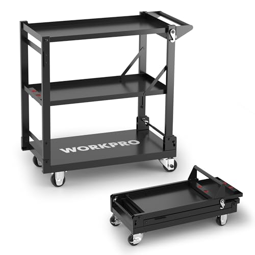 WORKPRO Utility Service Cart, 3-in-1 Folding Rolling Utility Cart with Wheels, Made of Premium Steel, Heavy-Duty Multi-Purpose Storage Shelves for Kitchen, Hotel, Workshop, Art Studio, and Gallery