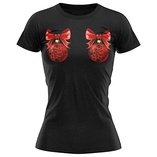 Purple Print House Christmas Baubles Boobs Tshirt, Funny T Shirts for Women, Christmas T Shirts Top Tee Shirt Ladies Girls Rude, L, Black