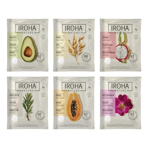 IROHA NATURE - SET 6 Maschere Viso in Tessuto Natural Extracts | Avocado, Albero del Tè, Rosa Canina, Papaia, Pitaya e Avena | per Pelle Sana e Idratata