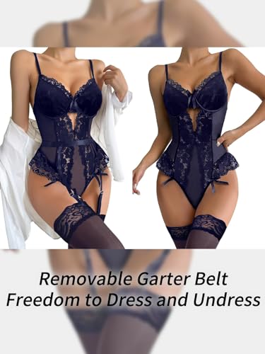 Image of Lilosy Sexy Stocking Lace Mesh Bodysuit Top Underwire Garter Lingerie Set 3 Piece