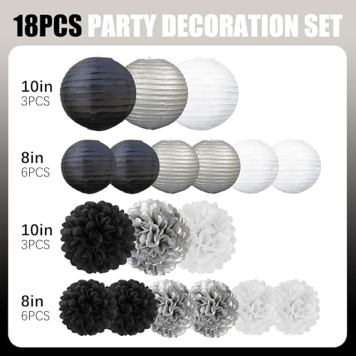Image of 18 PCS Black White Silver Paper Lanterns & Tissue Paper Pom Poms for Men's Birthday, Graduation 2026, Wedding, Hanging Paper Decor for Indoor Outdoor Events Theme Party Supplies