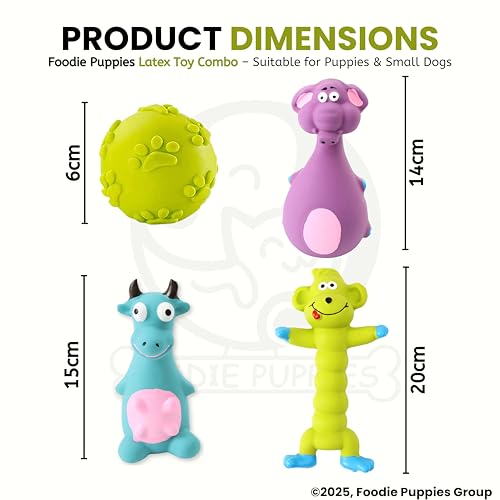 Image of Foodie Puppies 4-in-1 Combo of Latex Squeaky Toy for Small to Medium Dogs - (Green Monkey + Purple Elephant + Blue Bull + Claw Ball) | Non-Toxic, Soft Rubber, Interactive, Chewing, Fetch Play Toy