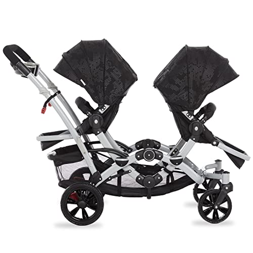 Image of Dream On Me Track Tandem Double Umbrella Stroller in Black, Lightweight Double Stroller for Infant and Toddler, Multi-Position Reversible & Reclining Seats, Large Storage Basket and Canopy
