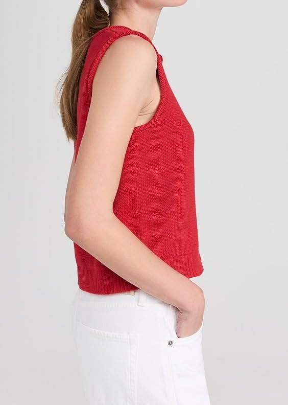 Image of EZAPINE Women Knit Sweater Vest Lightweight Button Down Crew Neck Slim Fitted Sleeveless Cardigan Crop Tank Tops Red M