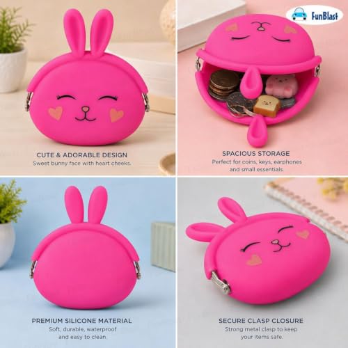 Image of FunBlast Cute Bunny Shape Silicone Coin Purse for Kids & Adults - Mini Pouch for Coins, Earphones, Keys & Small Essentials, Aesthetic Pouches for Girls & Women - 12 X 9.5 X 3 Cm (Bunny-Dark Pink)