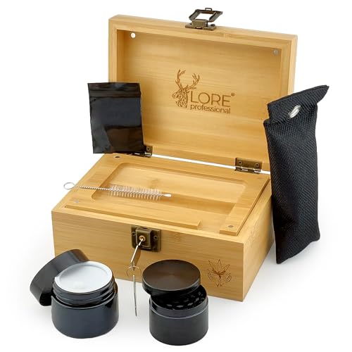 LORE Smoke Kit Stash Bambusbox als Geschenkbox für Raucher, mit Schloss Inkl. Grinder, Tablett, luftdichte Glasdose und Aktivkohlebeutel zur Geruchsminderung LORE Smoke Kit Stash Bambusbox als Geschenkbox für Raucher, mit Schloss Inkl. Grinder, Tablett, luftdichte Glasdose und Aktivkohlebeutel zur Geruchsminderung
