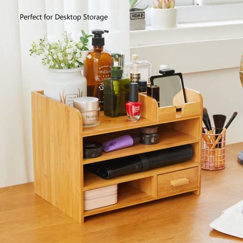 Encomle Bamboo Desk Organizer, 4 Tier Wood Desktop Storage Shelf With Drawer & Compartments For Stationeries, Office Home Supplies, Desk Accessories #TOP2