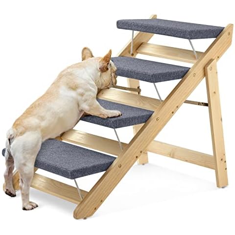 Upgraded 2-in-1 Dog Pet Stairs, Foldable Pet Ramp with 4 Levels, Extra Fixed Design, Wooden Pet Steps/Pet Stairs for Small to Large Dogs, Pet Ladder for Beds and Cars, Easy Storage Cover