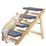 Upgraded 2-in-1 Dog Pet Stairs, Foldable Pet Ramp with 4 Levels, Extra Fixed Design, Wooden Pet Steps/Pet Stairs for Small to Large Dogs, Pet Ladder for Beds and Cars, Easy Storage