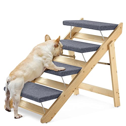 Upgraded 2-in-1 Dog Pet Stairs, Foldable Pet Ramp with 4 Levels, Extra Fixed Design, Wooden Pet Steps/Pet Stairs for Small to Large Dogs, Pet Ladder for Beds and Cars, Easy Storage