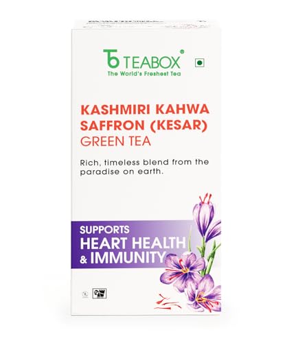 Teabox Kashmiri Kahwa Green Tea | 25 Tea Bags | Whole Green Tea Leaves with Saffron, Cardamom, Cinnamon, Clove and Almond | Gluten-Free Tea, Medium-Caffeine