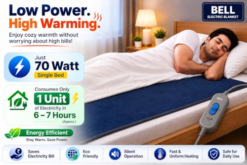 Image of Bell electric blankets - Single Bed - 10 Years Warranty - Zed Certified Heating Bed Warmer with Four Heat Settings - Pain Relief with Low Power Consumption Just 70 Watt- Size (150cms x 80cms)