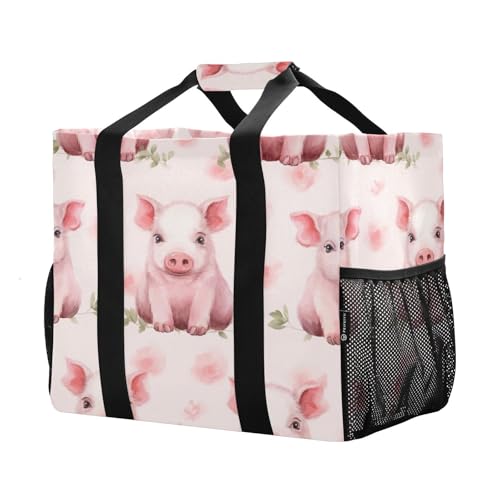 YETTASBIN Pink Pig Large Foldable Travel Tote Bag, Lightweight Waterproof Swim Pool Bag with Handles & Pocket for Beach Outdoor, Reusable Grocery Bag for Kitchen, Shopping