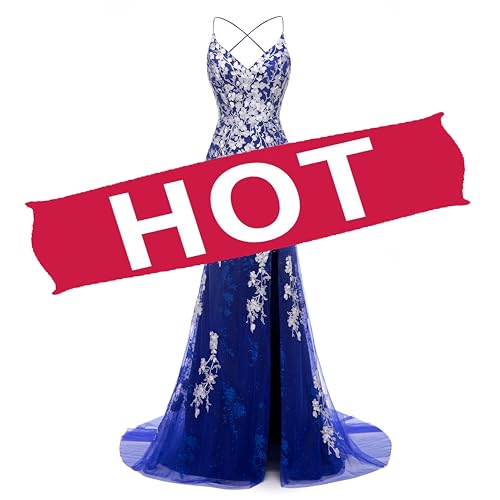 Image of Long Spaghetti Straps Tulle Mermiad Prom Dress V Neck Lace Appliques Formal Dress with Slit SF203