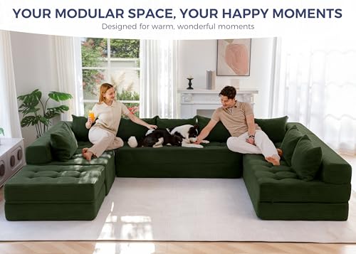 Image of MAXYOYO Modular Sectional Sofa Couch, Foldable Oversized U Shaped Cloud Couch with Pillows, Tufted Boneless Lounger Floor Sofa Bed for Living Room, No Assembly Required, Dark Green