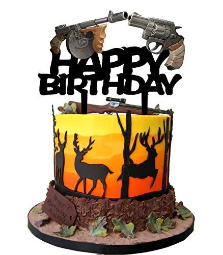 Gun Cake Topper Black Acrylic Shooting Theme Party Supplies, Pistol Happy Birthday Cake Topper for Boy's Men' Birthday Party Decorations