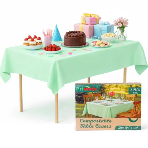 Primode Compostable Tablecloths for Rectangle Tables 54''x108'' - 3 Count Disposable Tablecloth Indoor Outdoor Compost Tablecover Dining Picnic Birthday Party Rectangular Table Cover (Green)
