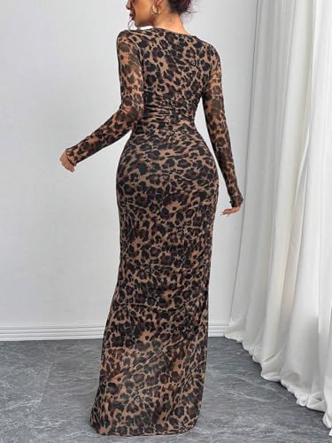 Image of Womens Long Sleeve Maxi Dress Mesh Bodycon Spring Fall Formal Wedding Guest | Tie Dye Ruched Night Out Cocktail Party Long Dresses