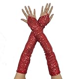 Long Sequins Fingerless Gloves Sparkly Elbow Length Arm Sleeves for Costume Rave Party Performances Cosplay A/Red