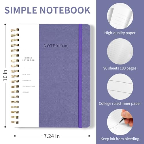 Image of Spiral Notebook - 7.24 inch x 10 inch College Ruled Journal with Inner Pockets and 180 Pages, PU Leather Cover Business Journal, Twin-Wire Binding Notebook Perfect for Office & Home School Supplies Violet