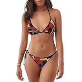 Composición en rojo, amarillo, azul y negro, elegante conjunto de bikini para mujer, trajes de baño suaves y cómodos, para playa y piscina, Negro -, S