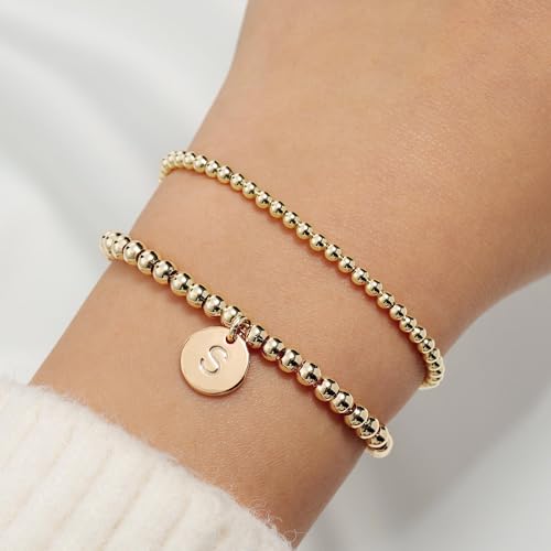 Turandoss Gold Bracelets for Women Gifts - Dainty 14K Gold Plated Stackable Beaded Bracelets for Women Trendy, Gold Beaded Stacking Monogram Bracelet, Gold Jewelry Gifts for Women4
