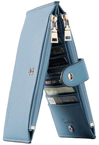 Image of Travelambo Womens Leather Bifold Wallet, Slim RFID Blocking Card Holder | Large Capacity, 16 Card Slots & ID Window, 2 Zipper Pockets, Dual Snap Closure, Slim Lightweight, RFID Privacy Protection