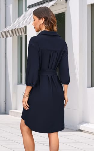 Image of ECOWISH Womens Button Shirt Dress with Pockets Fall Summer Short Mini Dresses Long Sleeve 3 /4 Sleeve Long Tunics Blouse Belt
