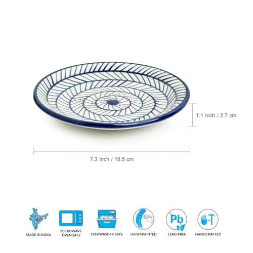 Image of ExclusiveLane 'Indigo Chevron' Hand-Painted Ceramic Quarter Plates Set of 4 Ceramic (Set of 4, 7 Inch, Microwave Safe) | Ceramic Plates for Serving Plate for Snacks Starter Plate Half Side Plates