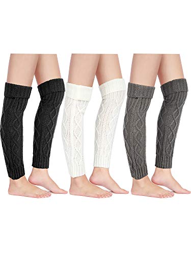 Photo 1 of 3 Pairs Knit Leg Warmer Cable Footless Sock Winter High Leg Warmer for Women Girls White, Light Gray, Black