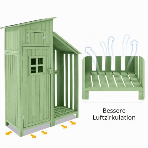 Gegtuon Gerätehaus mit Satteldach, Geräteschuppen Gartenhaus Gartenschrank aus Holz mit Fenster Türen & Stauraum Ablagen, Wetterfest Outdoor Schuppen für Garten Terrasse, 124,5x53cm (LxB), Grün A