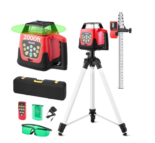 VEVOR Rotary Laser Level Kit, 2000ft 360-Degree Self Leveling Green Horizontal Laser Transit,with Tripod,Receiver,Remote Control, Scale, Toolcase, IP66 Rating Waterproof, 0.80in/100ft for Construction