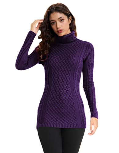Image of v28 Women's Cotton Turtle Cowl Neck Aran Fishermen Fair Isle Cable Knit Sweater